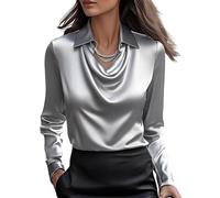 MorFansi Damen Satin Bluse Wasserfallkragen Elegante Oberteile Langarm Seide Hemdbluse Arbeitshemd Business Langarmshirt (Grau,L)