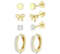 Morfetto 4 Paar Ohrringe Ohrstecker Sterling Silber für Damen für Damen, Hypoallergen flache 14K Gold Ohrstecker Perle Kugel CZ Ohrringe Helix Tragus Piercing Golden Schmetterling