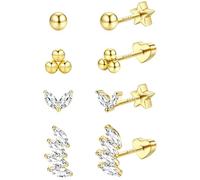 Morfetto 4 Paar Ohrringe Ohrstecker Sterling Silber für Damen für Damen, Hypoallergen flache 14K Gold Ohrstecker Perle Kugel CZ Ohrringe Helix Tragus Piercing Golden Kugel