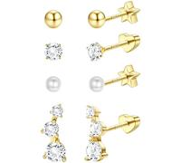 Morfetto 4 Paar Ohrringe Ohrstecker Sterling Silber für Damen für Damen, Hypoallergen flache 14K Gold Ohrstecker Perle Kugel CZ Ohrringe Helix Tragus Piercing Golden Perle