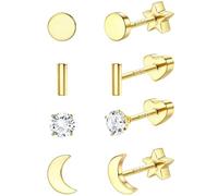 Morfetto 4 Paar Ohrringe Ohrstecker Sterling Silber für Damen für Damen, Hypoallergen flache 14K Gold Ohrstecker Perle Kugel CZ Ohrringe Helix Tragus Piercing Golden Mond