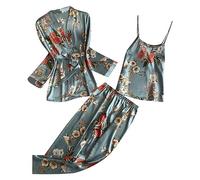 Morgenmantel aus Satin für Damen, Nachthemd, 3-teilig, Pyjama-Set, Camisole, Pyjamahose, elastische Taille, Morgenmantel für Damen, sexy Set, bedruckter Bademantel, 3 Stück, grün, 42