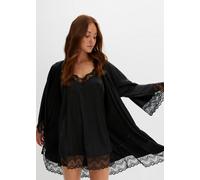Morgenmantel BONPRIX Gr. 48, schwarz, 48/50 (XL), Satin, Hausmäntel, im Kimono-Stil mit Negligé, mit hochwertiger Spitze (77716666-48) schwarz
