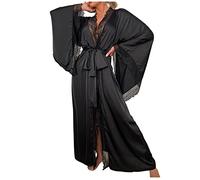 Morgenmantel Damen Satin Spitze - Nachthemd Damen Sexy Satin Bademantel Langarm Seidennachthemd Atmungsaktiv Hausanzug Cozy Loungewear Durchsichtig Kleid Elegant Schlafanzug Mit Bund Langes Oberteil