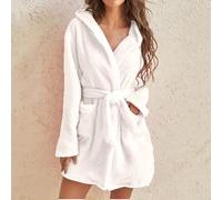 Morgenmantel für Damen, Plüsch, einfarbig, Fleece, lang, weich, warm, Loungewear, Nachthemd für Zuhause (M, Weiß)