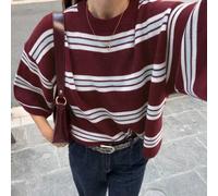 MORI Damen eleganter lässiger Mode Basic bordeauxrot gestreifter Rundhals Kurzarm Strickpullover, geeignet für Outfits