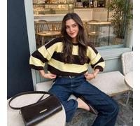 MORI Damen Herbst/Winter Pullover, Y2K Modestil, braun & gelb gestreifter Rundhals Strickpullover, Kurzarm locker lässiges Streetwear Top