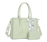 MOSISO Laptoptasche Damen, 15,6-16 Zoll PU Lehrertasche Handtasche Kompatibel mit MacBook HP Dell Asus, Vorderseite Prägung Retro Hibiskus Aktentasche mit Seidenschal&Clutchtasche, Salbei Grün