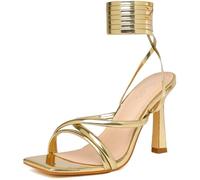 Mostrin Damensandalen, Riemchensandalen für Damen, Schnürung, Absätze, quadratisch, offener Zehenbereich, zum Schnüren, für Abschlussball, Party, Alltag, Gold, 38.5 EU
