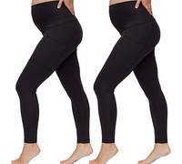 Motherhood Maternity Damen Workout Over The Belly Schwangerschaft und Postpartum Leggings mit Taschen Soft Active Stretchy Pants, Schwarz/Schwarz, 2 Stück, Groß