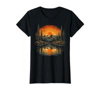 Mountain Sunset Forest Landscape Reflection River Art Preisgünstiges Grafik-T-Shirt, Damen, Schwarz, M