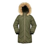 Mountain Warehouse Galaxy gefütterte, gepolsterte Fleece-Kinderjacke - wasserdichte Winter Steppjacke für Mädchen & Jungen, Kapuze aus Kunstfell, Longline Dunkel Khaki Kinder 140 EU (9-10 Jahre)