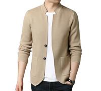 MQMYJSP Herren Koreanischer Stil Anzugkragen Einfarbiger Strickpullover Lässige Cardigan Khaki M