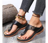 MQSHUHENMY 2022 Summer New Women's Metal Decor Feature Pattern Wedge Flip-Flops, Flip Flop Wedge Sandals for Women, Arch Support Sandals (42,Black)