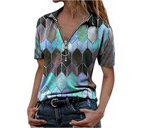 MQYXGS Damen Bluse Print Kurzarm Top Reißverschluss V-Ausschnitt Shirt Lose Plus Size Hemd Lässige Tunika Tops T-Shirt Oberteil(blau 1/XL)