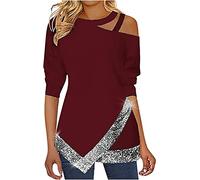 MQYXGS Damen Bluse Rundhals Langarm Top Patchwork Schulterfrei Shirt Unregelmäßige Pailletten Hemd Lose Lässige Tunika Tops T-Shirt Oberteil Freizeithemd(Rot/M)