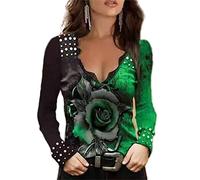 MQYXGS Damen Bluse Schmetterlingsdruck Kurzarm Off Shoulder Shirt Spitze V-Ausschnitt Sexy Slim Fit Oberteil T-Shirt Freizeithemd Elegantes Tunikahemd Basic Tunika Top(Grün/3XL)