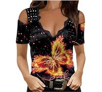 MQYXGS Damen Bluse Schmetterlingsdruck Kurzarm Off Shoulder Shirt Spitze V-Ausschnitt Sexy Slim Fit Oberteil T-Shirt Freizeithemd Elegantes Tunikahemd Basic Tunika Top(Gelb/M)