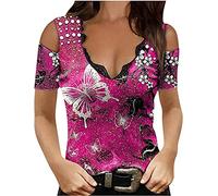 MQYXGS Damen Bluse Schmetterlingsdruck Kurzarm Off Shoulder Shirt Spitze V-Ausschnitt Sexy Slim Fit Oberteil T-Shirt Freizeithemd Elegantes Tunikahemd Basic Tunika Top(Rosa/3XL)