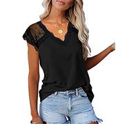 MQYXGS Damen Bluse V-Ausschnitt Spitze Patchwork Top Kurzarm Loses Hemd Einfarbiges T-Shirt Tunika Tops Shirt Oberteil Freizeithemd(Schwarz/2XL)