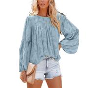 MQYXGS Damen Blusen mit Laternenärmeln lässige Tunika Oberteile Rundhalsausschnitt Babydoll Hemden 3/4-Bluse mit Glöckchenärmeln Spitzenoberteile floral Spitzenbluse Laternen Langarm Tunika Hemd