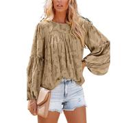 MQYXGS Damen Blusen mit Laternenärmeln lässige Tunika Oberteile Rundhalsausschnitt Babydoll Hemden 3/4-Bluse mit Glöckchenärmeln Spitzenoberteile floral Spitzenbluse Laternen Langarm Tunika Hemd