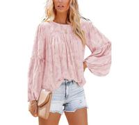 MQYXGS Damen Blusen mit Laternenärmeln lässige Tunika Oberteile Rundhalsausschnitt Babydoll Hemden 3/4-Bluse mit Glöckchenärmeln Spitzenoberteile floral Spitzenbluse Laternen Langarm Tunika Hemd