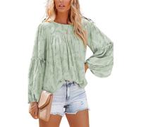 MQYXGS Damen Blusen mit Laternenärmeln lässige Tunika Oberteile Rundhalsausschnitt Babydoll Hemden 3/4-Bluse mit Glöckchenärmeln Spitzenoberteile floral Spitzenbluse Laternen Langarm Tunika Hemd