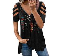 MQYXGS Damen Blusen Sommermode Sexy Schulterfrei Oberteile Spitze Halbarm Größe Größe Tunika Top V-Ausschnitt ReißVerschluss Hemdbluse Lockere Passform T-Shirts Hemd Elegante Shirts(Schwarz 1/S)