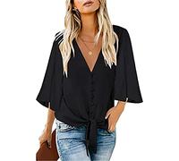 MQYXGS Damen Chiffon Bluse Sommermode V-Ausschnitt Boho Print Große Größe Tunikahemd Oberteil Dolmanärmel Lose Krawatte Knoten Shirt T-Shirt Top Tunika Tops(Schwarz/L)