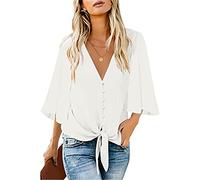 MQYXGS Damen Chiffon Bluse Sommermode V-Ausschnitt Boho Print Große Größe Tunikahemd Oberteil Dolmanärmel Lose Krawatte Knoten Shirt T-Shirt Top Tunika Tops(Weiss/L)