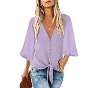 MQYXGS Damen Chiffon Bluse Sommermode V-Ausschnitt Boho Print Große Größe Tunikahemd Oberteil Dolmanärmel Lose Krawatte Knoten Shirt T-Shirt Top Tunika Tops(Lila/L)
