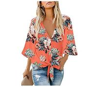 MQYXGS Damen Chiffon Bluse Sommermode V-Ausschnitt Boho Print Große Größe Tunikahemd Oberteil Dolmanärmel Lose Krawatte Knoten Shirt T-Shirt Top Tunika Tops(Orange/S)