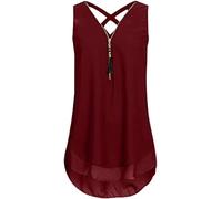 MQYXGS Damen Reißverschluss V-Ausschnitt Top ärmelloses Chiffon-Shirt Große Größe lose Weste Hemd Basic Solid Color Tank Top Tunika Tops T-Shirt Oberteil Bluse(Rot 1/L)