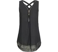 MQYXGS Damen Reißverschluss V-Ausschnitt Top ärmelloses Chiffon-Shirt Große Größe lose Weste Hemd Basic Solid Color Tank Top Tunika Tops T-Shirt Oberteil Bluse(Schwarz/L)