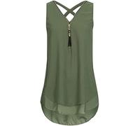 MQYXGS Damen Reißverschluss V-Ausschnitt Top ärmelloses Chiffon-Shirt Große Größe lose Weste Hemd Basic Solid Color Tank Top Tunika Tops T-Shirt Oberteil Bluse(Grün/S)