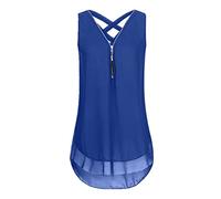 MQYXGS Damen Reißverschluss V-Ausschnitt Top ärmelloses Chiffon-Shirt Große Größe lose Weste Hemd Basic Solid Color Tank Top Tunika Tops T-Shirt Oberteil Bluse(Blau 1/XL)