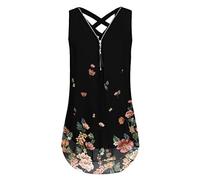 MQYXGS Damen Reißverschluss V-Ausschnitt Top Sommerdruck ärmelloses Chiffon-Shirt Große Größe lose Weste Hemd Basic Tank Top Tunika Tops T-Shirt Oberteil(Schwarz 4/M)