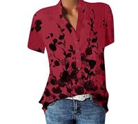 MQYXGS Damen Shirt V-Ausschnitt Knopfbluse Blumendruck Kurzarm Top Bequemes Lässiges T-Shirt Mode Tunika Tops Bluse Oberteil Hemd(Rot/XL)