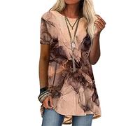 MQYXGS Damen Top mit Rundhalsausschnitt Kurzarmbluse Retro-Print Shirt ethnischer Stil lockeres T-Shirt bequemes lässiges Tunika-Oberteil Hemd Bluse Freizeithemd(Aprikose 1/L)