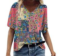 MQYXGS Damen Top Sommer Kurzarmshirt Bluse Hawaii V-Ausschnitt Oberteil Freizeithemd Blumendruck T-Shirt Große Größe Loose Hemd Tunika Tops Shirt(Rosa 5/3XL)