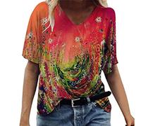 MQYXGS Damen Top Sommer Kurzarmshirt Bluse Hawaii V-Ausschnitt Oberteil Freizeithemd Blumendruck T-Shirt Große Größe Loose Hemd Tunika Tops Shirt(Rot 3/M)