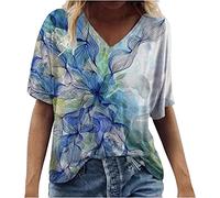 MQYXGS Damen Top Sommer Kurzarmshirt Bluse Hawaii V-Ausschnitt Oberteil Freizeithemd Blumendruck T-Shirt Große Größe Loose Hemd Tunika Tops Shirt(Blau/3XL)