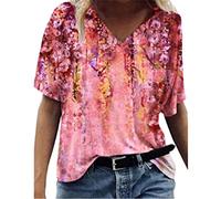 MQYXGS Damen Top Sommer Kurzarmshirt Bluse Hawaii V-Ausschnitt Oberteil Freizeithemd Blumendruck T-Shirt Große Größe Loose Hemd Tunika Tops Shirt(Rosa 3/3XL)