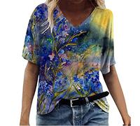 MQYXGS Damen Top Sommer Kurzarmshirt Bluse Hawaii V-Ausschnitt Oberteil Freizeithemd Blumendruck T-Shirt Große Größe Loose Hemd Tunika Tops Shirt(Lila 5/S)