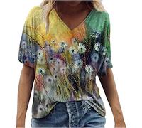 MQYXGS Damen Top Sommer Kurzarmshirt Bluse Hawaii V-Ausschnitt Oberteil Freizeithemd Blumendruck T-Shirt Große Größe Loose Hemd Tunika Tops Shirt(Gelb 2/2XL)