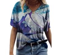 MQYXGS Damen Top Sommer Kurzarmshirt Bluse Hawaii V-Ausschnitt Oberteil Freizeithemd Blumendruck T-Shirt Große Größe Loose Hemd Tunika Tops Shirt(Lila 3/5XL)