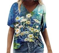 MQYXGS Damen Top Sommer Kurzarmshirt Bluse Hawaii V-Ausschnitt Oberteil Freizeithemd Blumendruck T-Shirt Große Größe Loose Hemd Tunika Tops Shirt(Rot 6/M)
