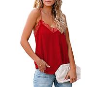 MQYXGS Damen Top Sommer Spitze Patchwork V-Ausschnitt Weste Spaghettiträger ärmellos bequem lässig Tank Top einfarbig T-Shirt Cami Camisole Tunika Tops T-Shirt Schlinge Shirt Oberteil (rot 1/2XL)