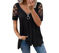 MQYXGS Damen Tops AushöHlen Kurzarmshirt Reißverschluss V-Ausschnitt Tunikahemd T-Shirt Einfarbig Hemd Elegant Bluse Oberteil Tunika Top Shirt(Schwarz/S)